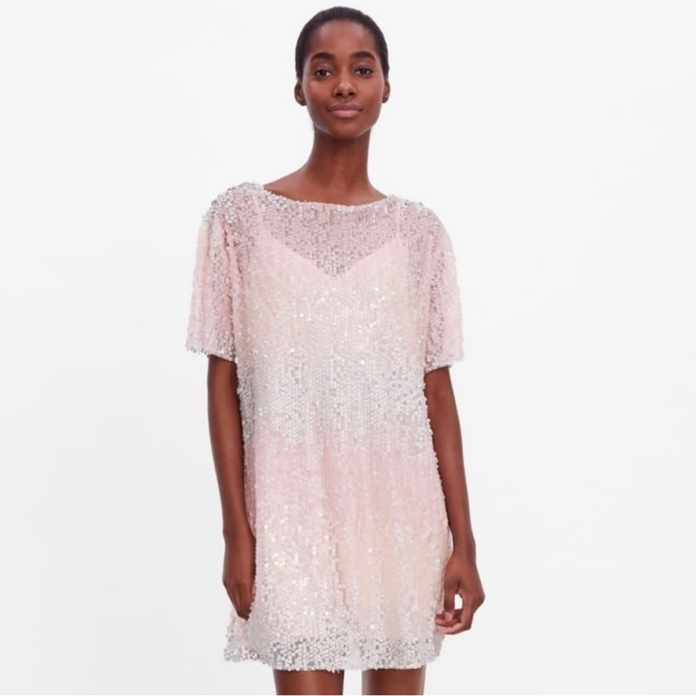 NWT Sz S Zara Short Sleeve Pink Ombré Sequin Shift Dress with Slip